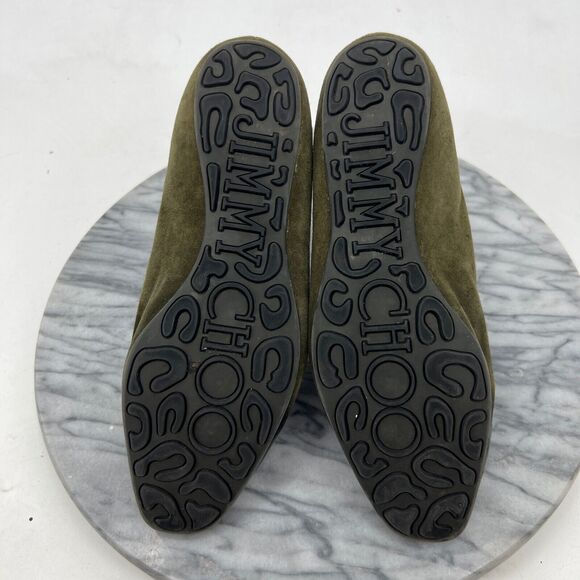 Jimmy Choo Womens 38 Loafer Moss Green Suede Slip On Patent Leather Cap Toe - Picture 8 of 14